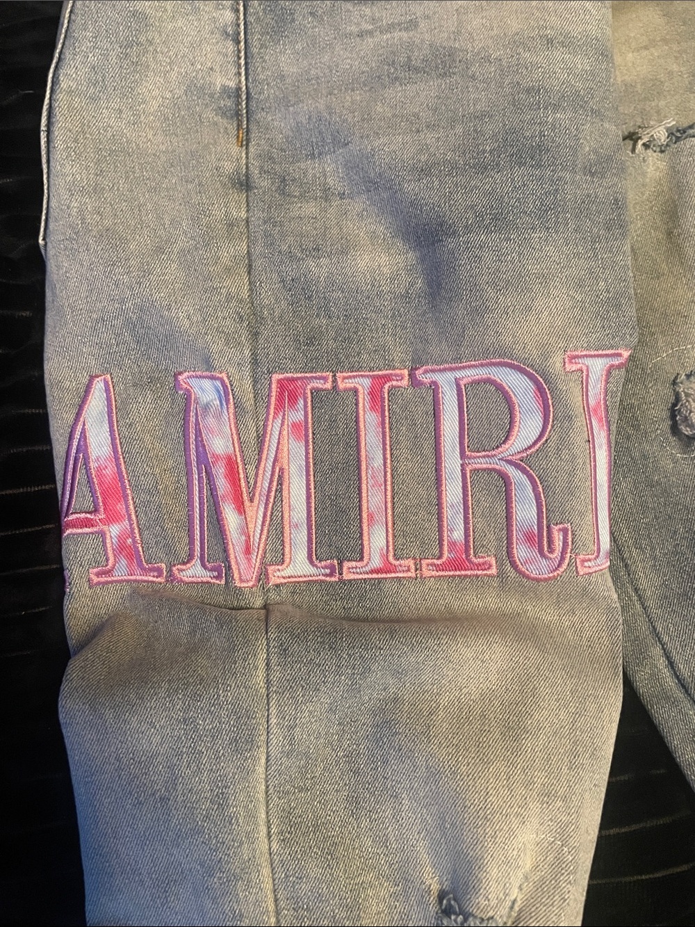 AMIRI Light Gray Distressed Jeans with Pink Logo Patch - Picture 3 of 5